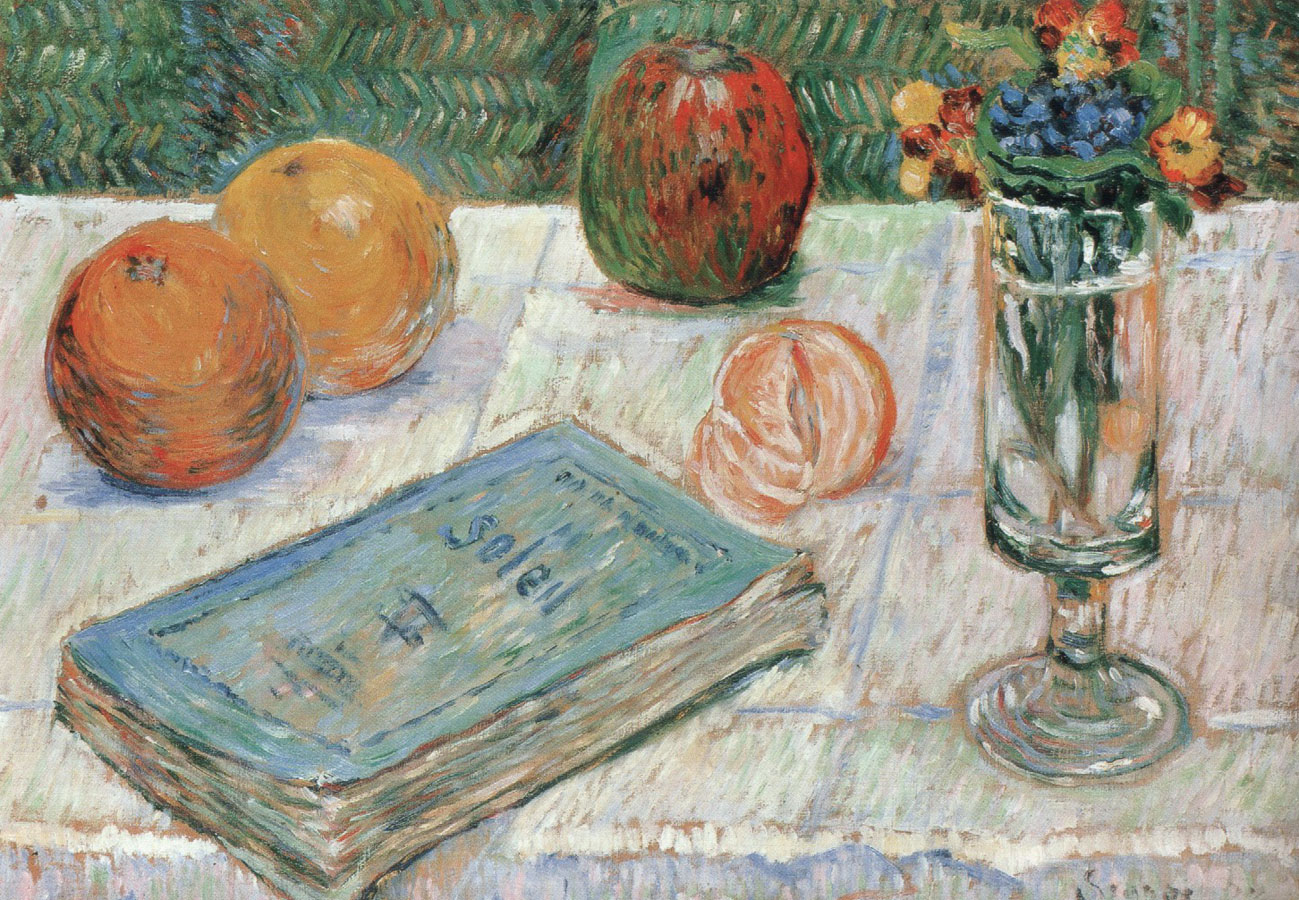 still life with a book and roanges